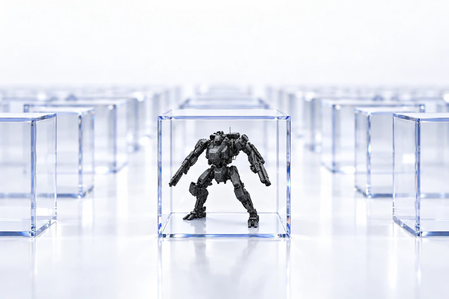 透明なキューブに収められたロボットと、周囲に並ぶ透明キューブ