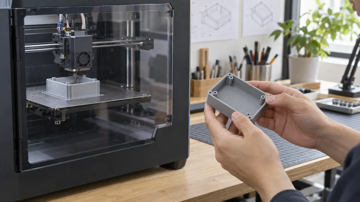 3Dプリンターで造形中の試作品と、手に取って確認する様子
